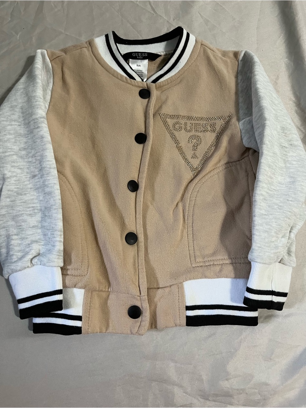 GUESS Beige & Light Gray Kids Varsity Jacket with Black Trim Size 4